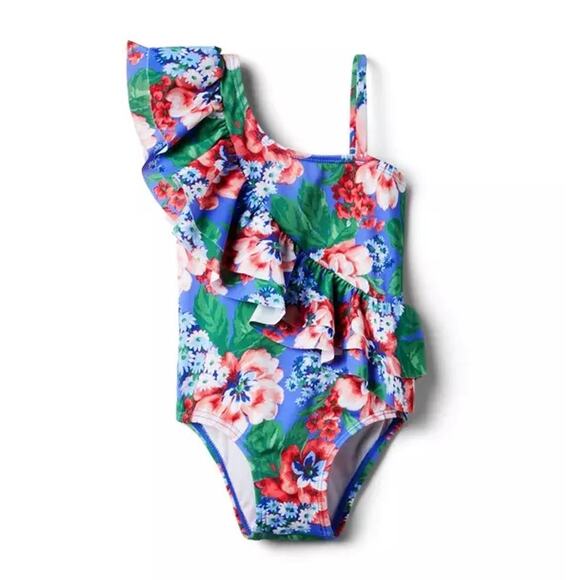 Janie and Jack Blue Floral One Shoulder Ruffle Swimsuit 2T UPF 50+ VGUC - Picture 1 of 8